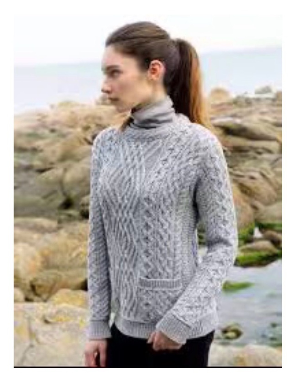 Aran Mor Light Gray Cable-Knit Irish Crewneck 100% Merino Wool Sweater Sz
